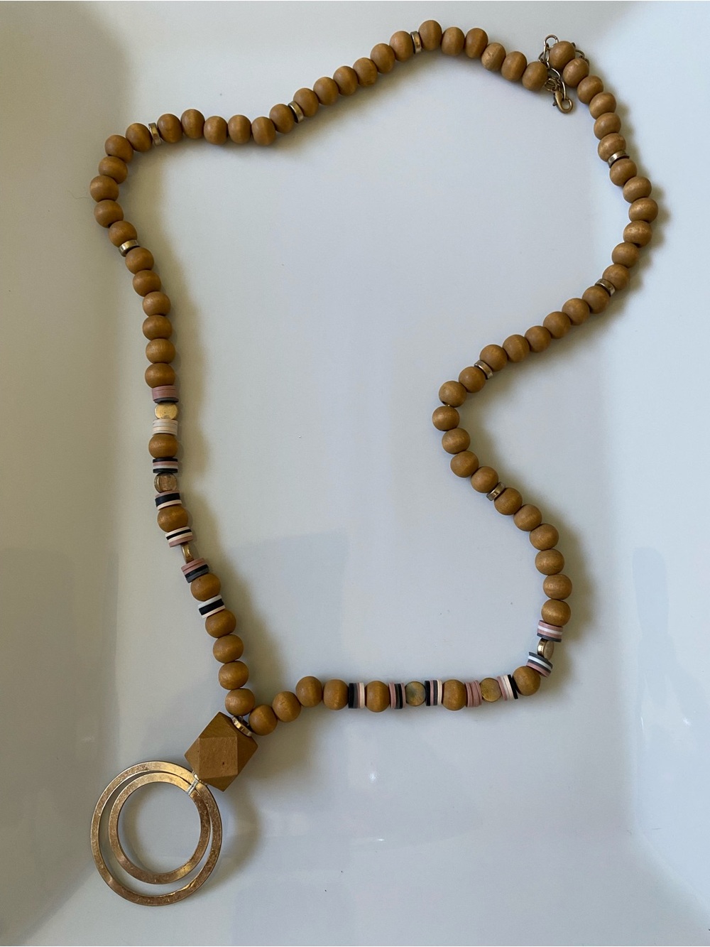 Wood Bead Pendant Necklace with Gold Ring Accent - Brown